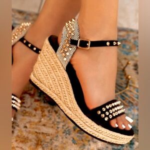 Heeled Platform sandal wedges with black ankle strap and gold spikes